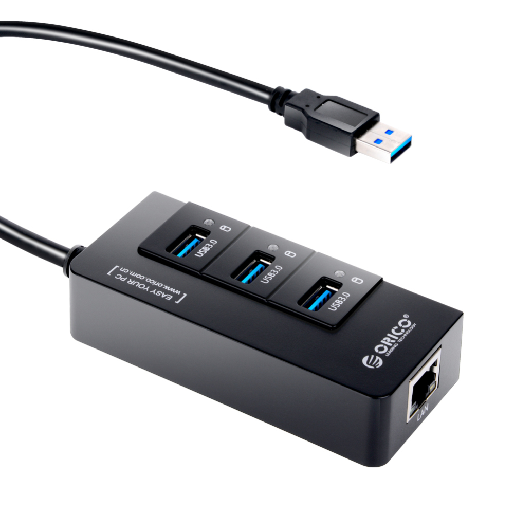 Orico 3-Port Hub RJ45 Gigabit LAN Port USB Network Adapter, 30cm Cable