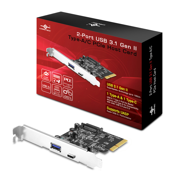 Vantec Carte hôte PCIe USB 3.1 Gen II Type A/C à 2 ports (UGT-PC371AC)(Open Box)