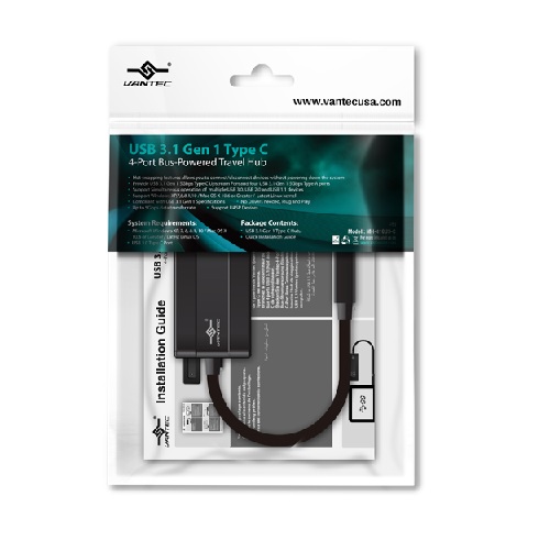 Vantec (UGT-MH410U3-C) - Concentrateur de voyage USB 3.0 type C gen. 1 / alimentation Bus à 4 ports