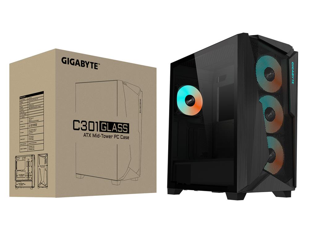 Gigabyte C301 GLASS - Mid Tower PC Gaming Case, Tempered Glass, USB Type-C,  4x ARBG Fans Included (GB-C301G)