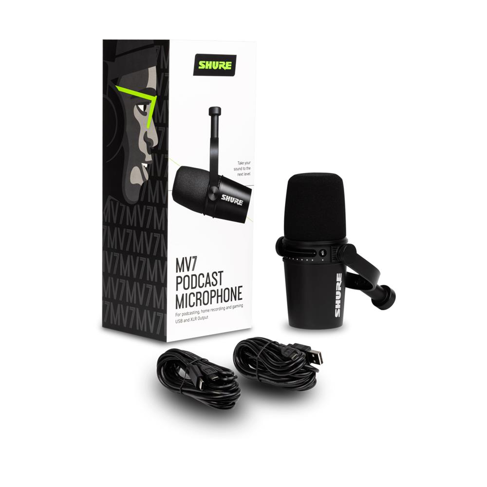 Shure Bundle for Two, (2) Compass Microphone Boom Arms w/ (2) MV7-K  Dynamic Microphones (Silver) and (2) Cables