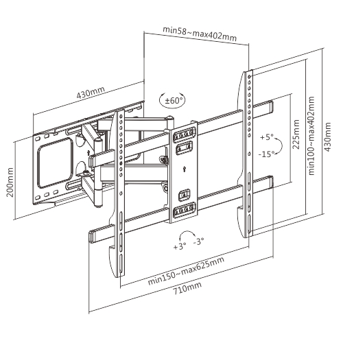 Brateck LPA69-466 Heavy-Duty Steel Full-Motion TV Wall Mount, Screen size 37"-80", Weight Capacity 60 kg/132 lbs, VESA 600x400 