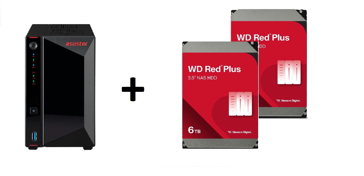 Asustor AS5402T 2 Bay NAS Storage (Diskless) + 2x WD Red Plus 6TB Hard Drive 3.5" Internal SATA (SATA/600) (WD60EFPX)