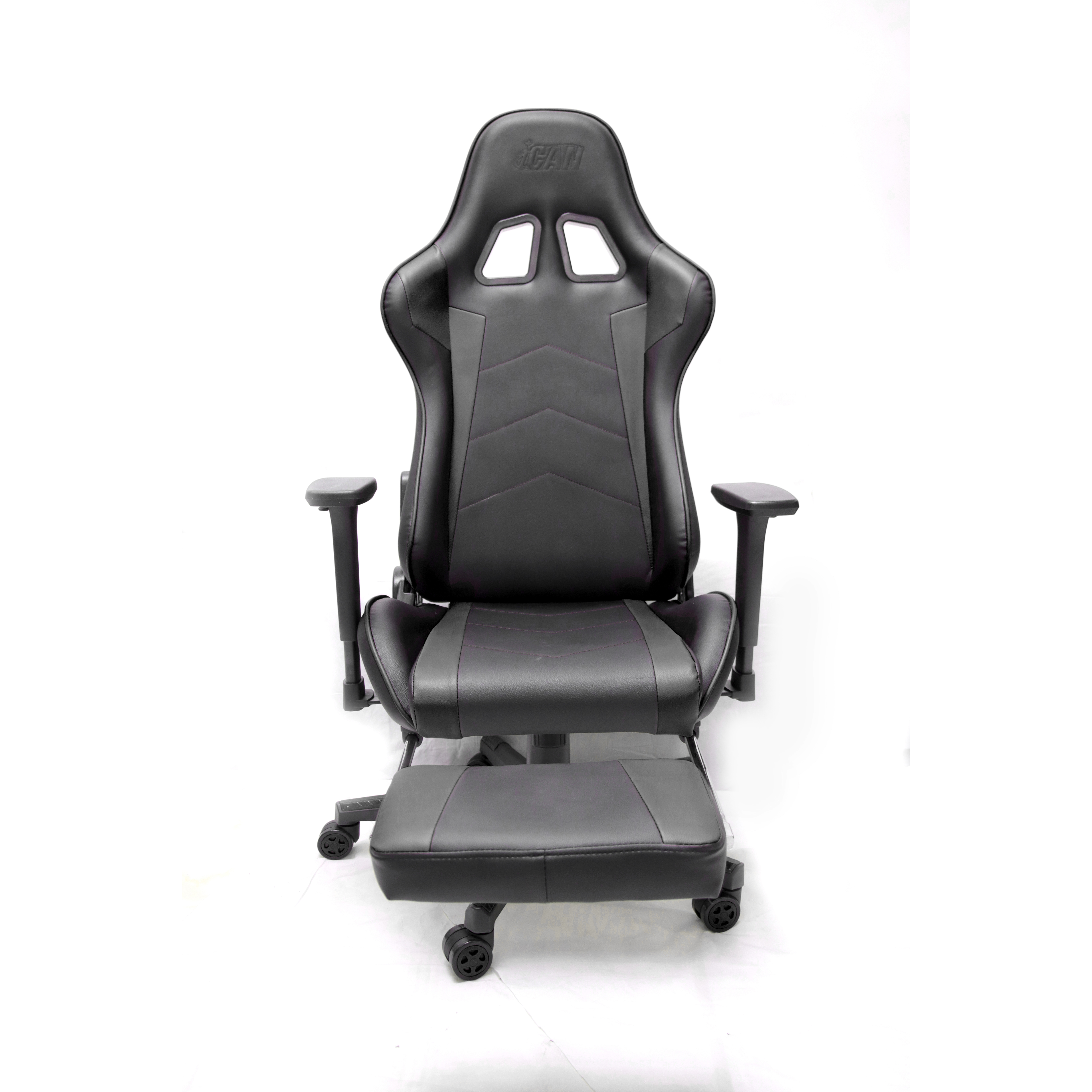 iCAN Racing Gaming Chair, Footrest, PU leather, 3D Armrest, 60mm PU Caster, Black.(Open Box)