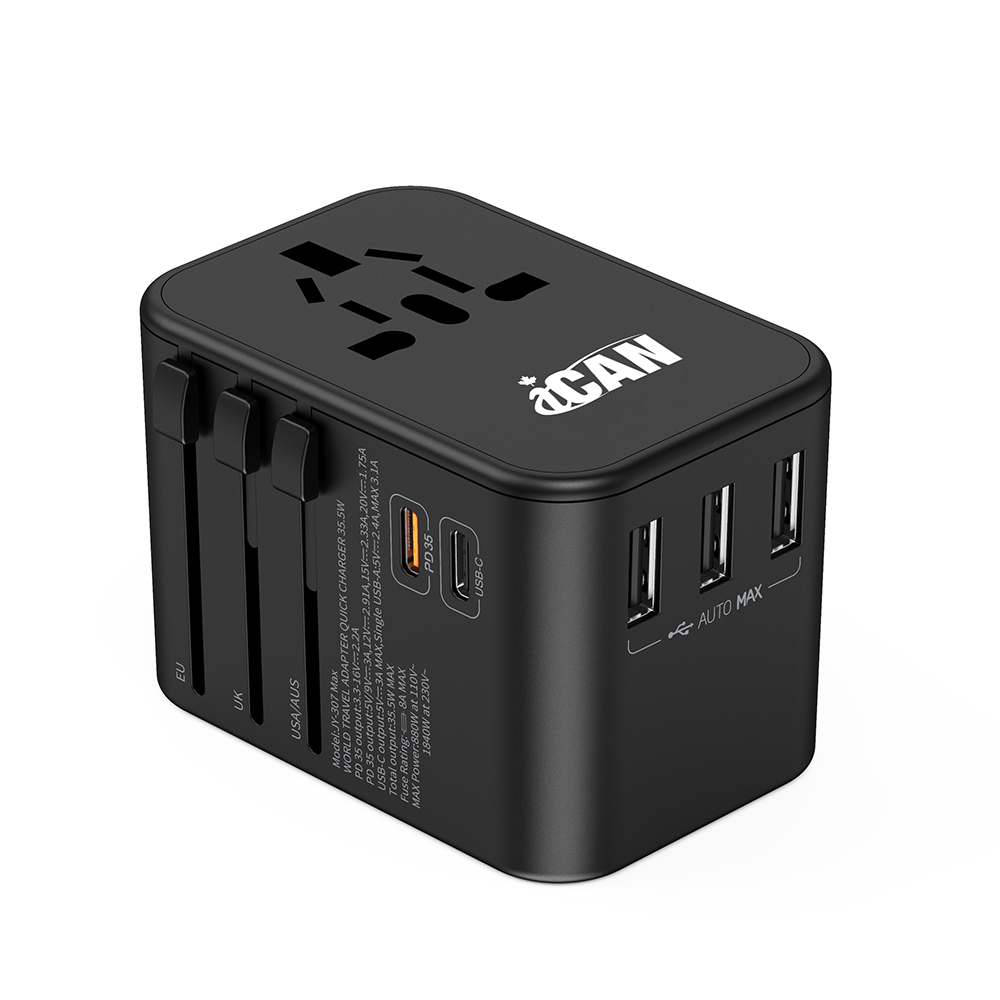 iCAN 35.5W 5-Port Universal Travel Adapter with 2 USB-C and 3 USB-A
