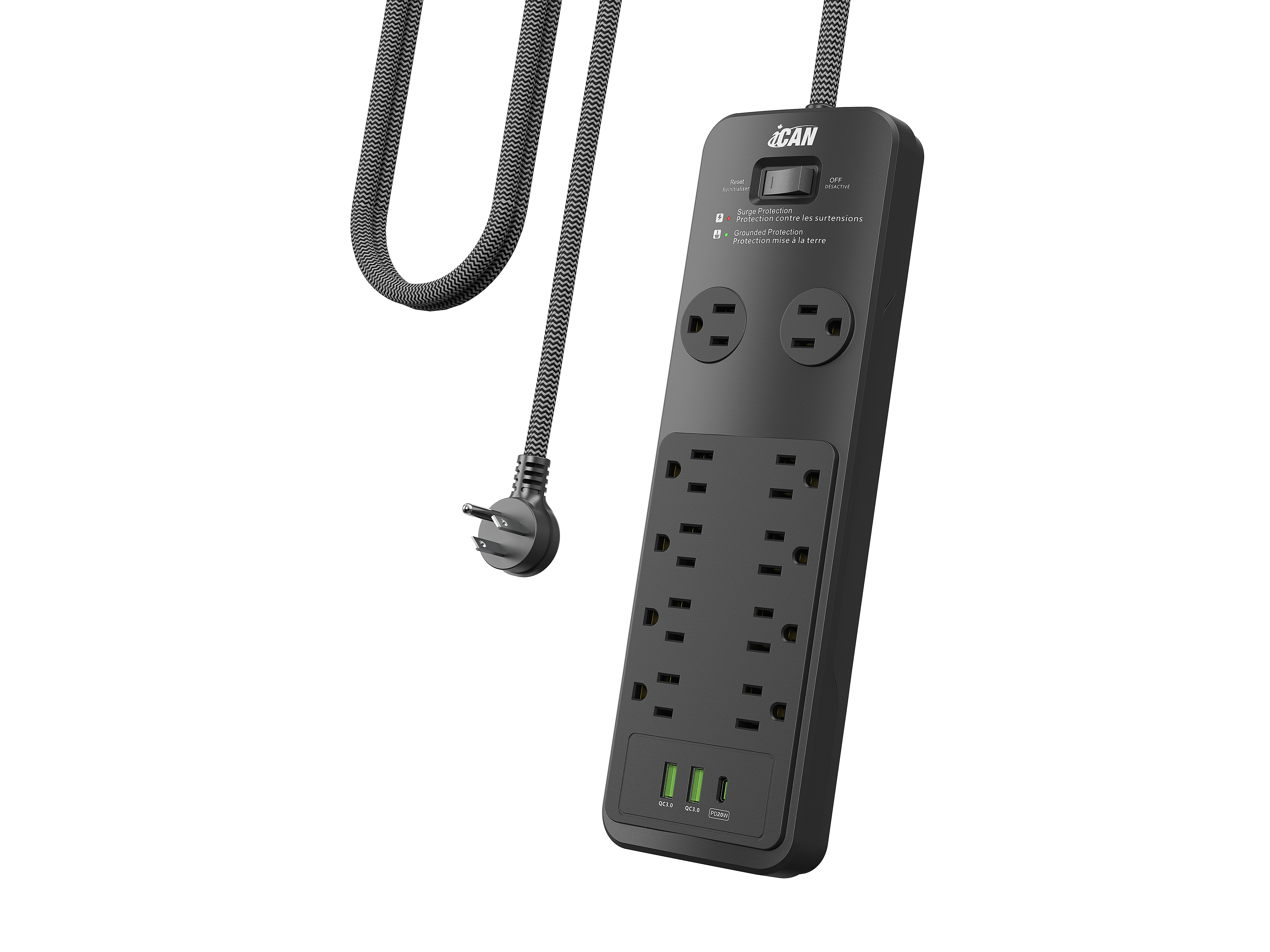 iCAN 10 prises, 2 USB-A et 1 USB-C, cordon de 6 pieds