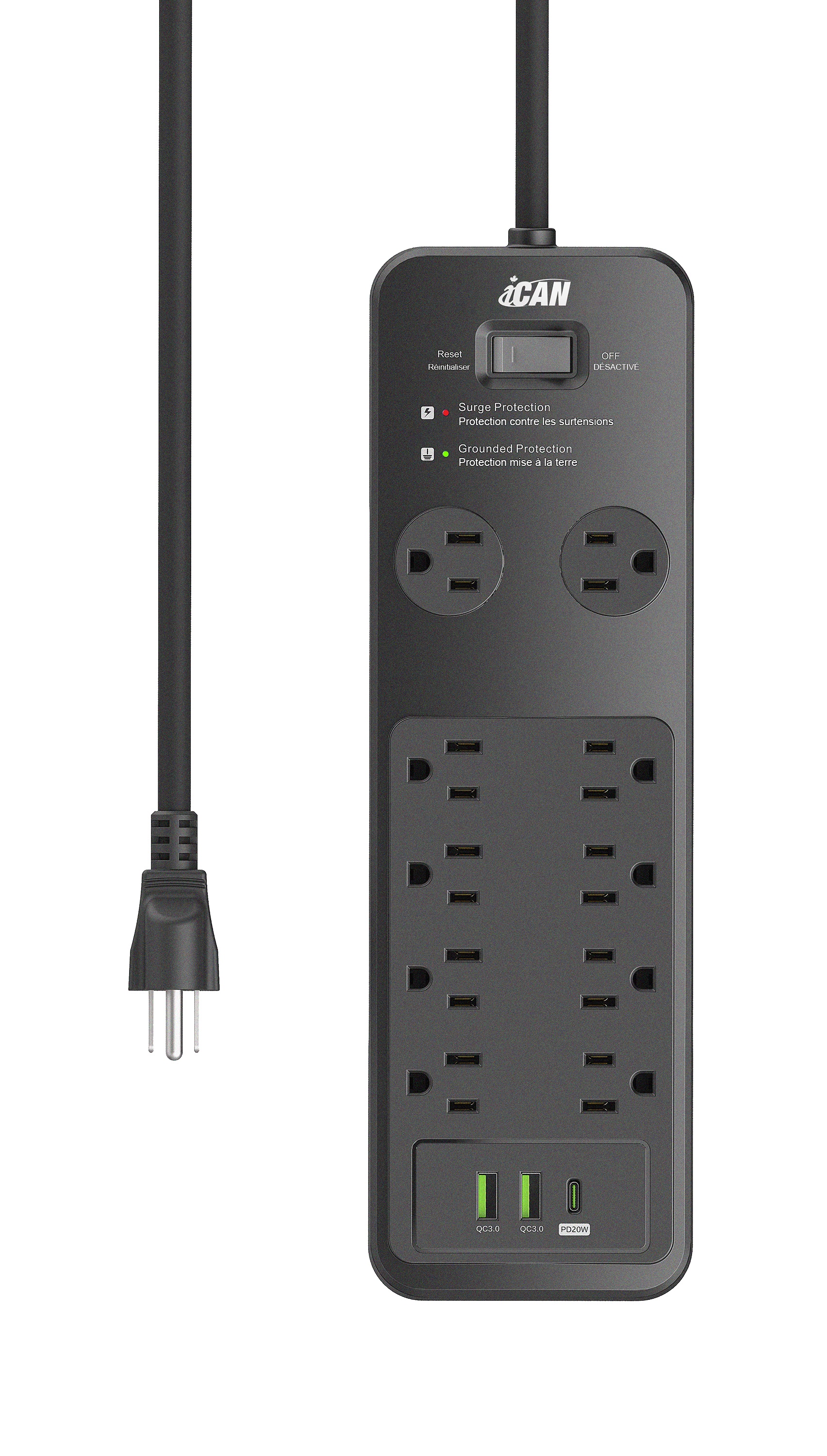 iCAN 10 prises, 2 USB-A et 1 USB-C, cordon de 6 pieds