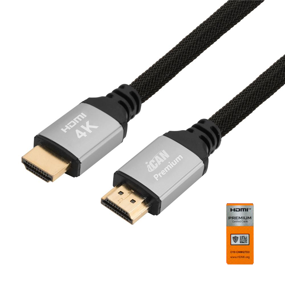 iCAN Câble Premium HDMI 2.0, certifié, 4K à 60 Hz, HDR, 18 Gps, tressé en nylon, M / M, 1,8 M, noir