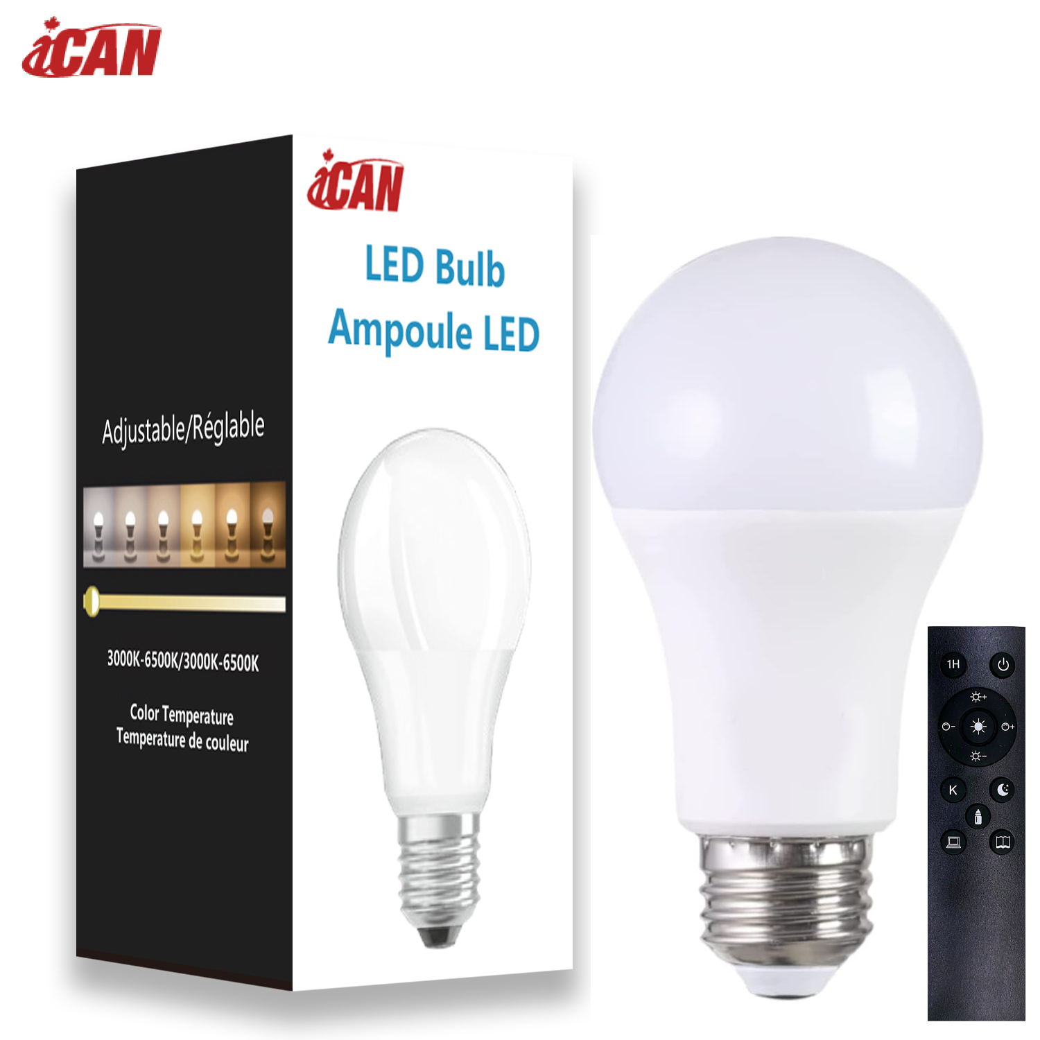 iCAN A19 E26 LED Light Bulbs with Remote, 3000K-6000K Dimmable.