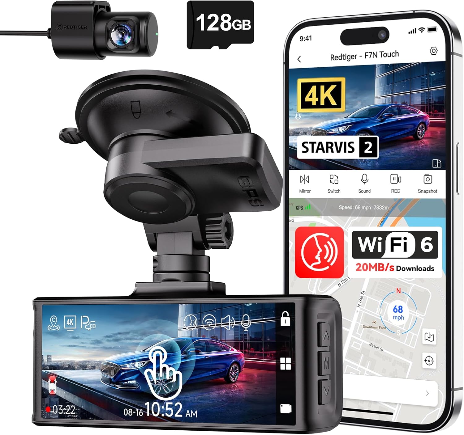 REDTIGER F7N Touch 4K Dash Cam avant et arrière, STARVIS 2 Sensor