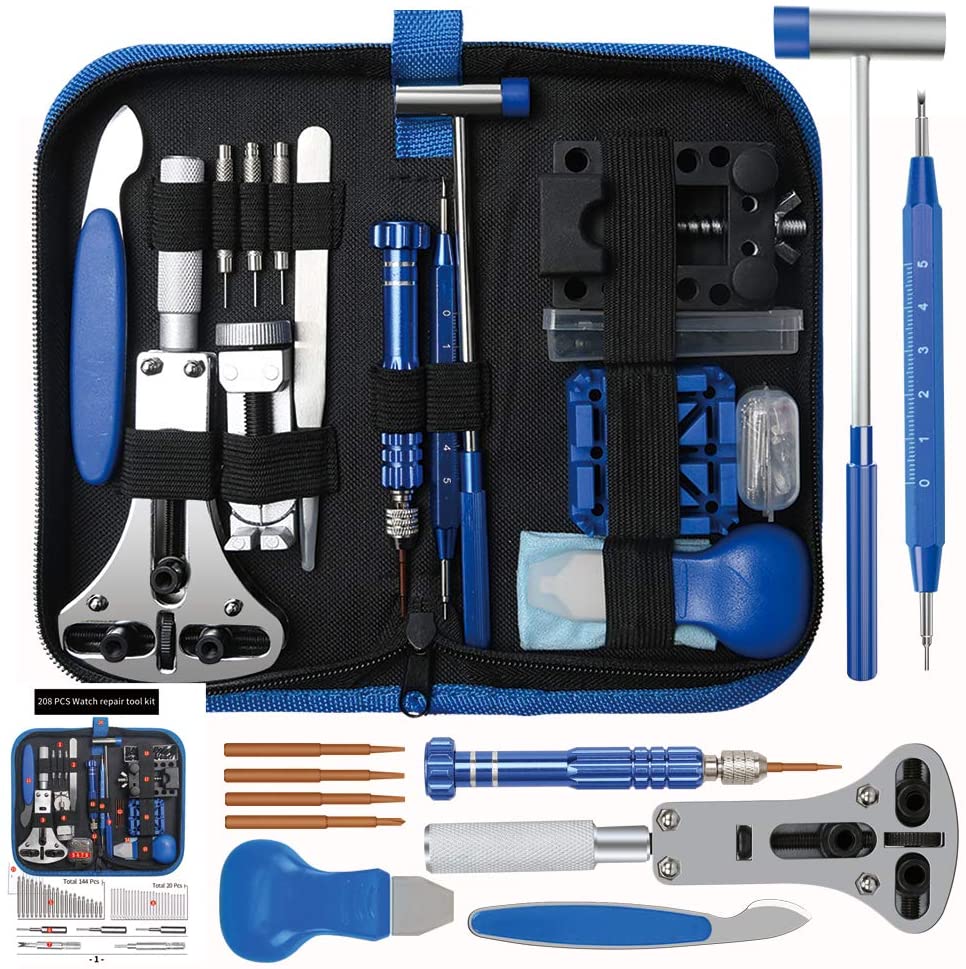 King'sdun KS-870208 Kit d'outils de réparation de montres 208 pièces, noir avec bleu.