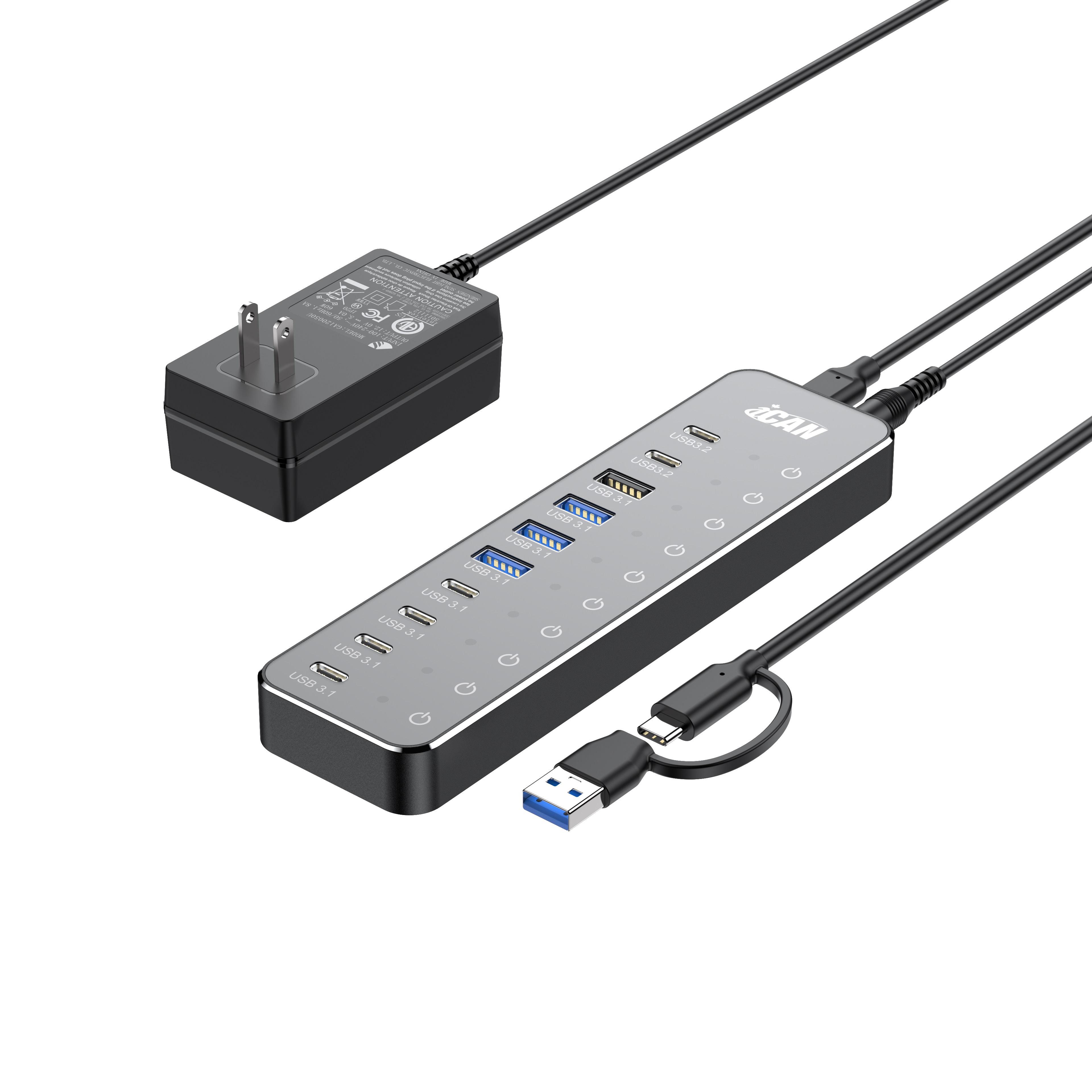 iCAN Hub USB 3.2 10-en-1 10 Gbit/s avec adaptateur secteur 60 W