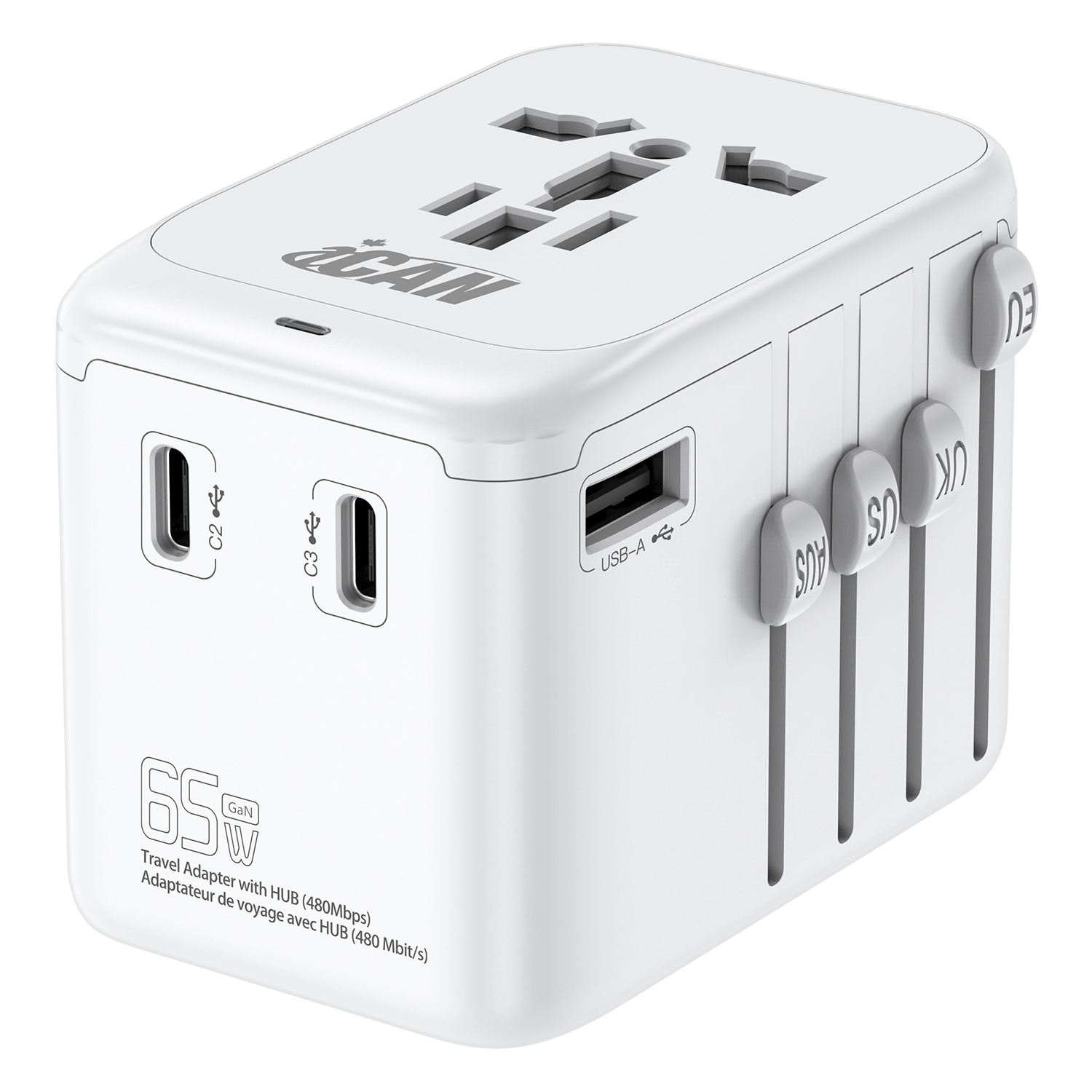iCAN 65W 4-Port Universal Travel Adapter with 3 USB-C and 1 USB-A(Open Box)
