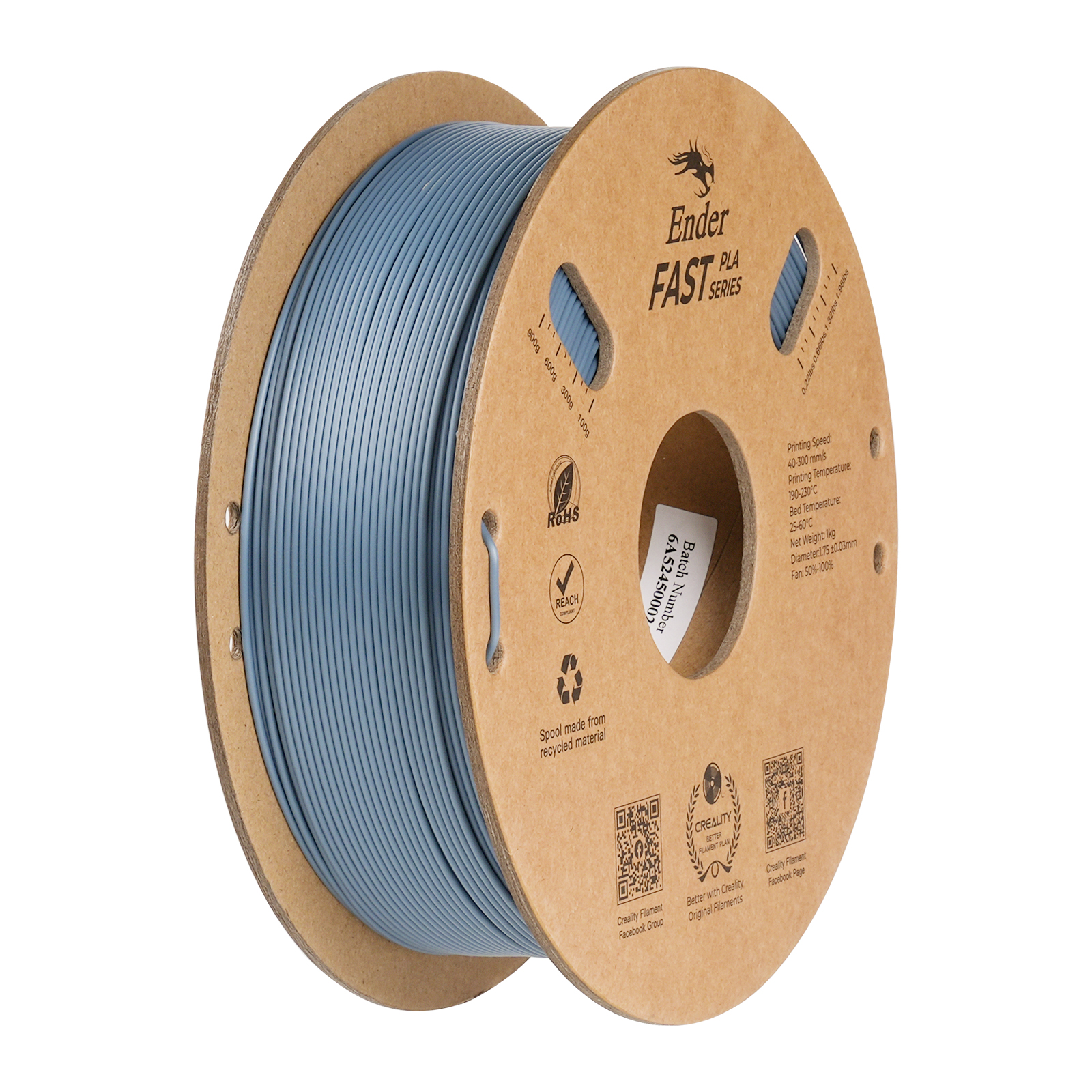 Filament PLA rapide Creality Ender, 1,0 kg, 1,75 mm, 300 mm/s, gris clair