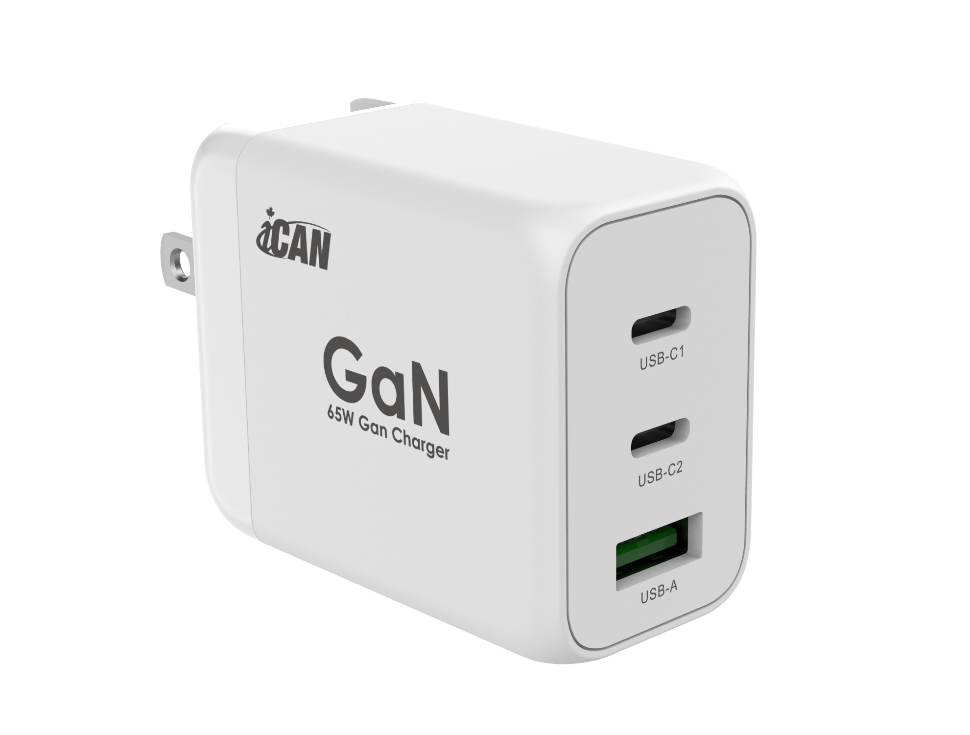 iCAN 65W 3-Port GaN PD Charger, 2xUSB-C & 1xUSB-A