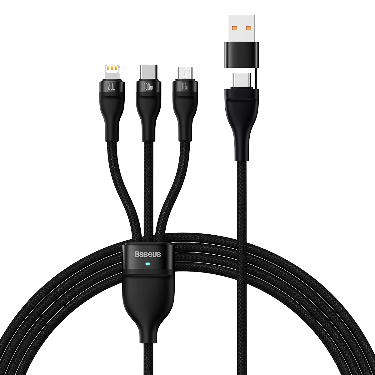 Câble de charge Baseus « Flash Series Ⅱ » deux pour trois U+C vers M+L+C 100 W, 1,2 m (4 pieds), noir