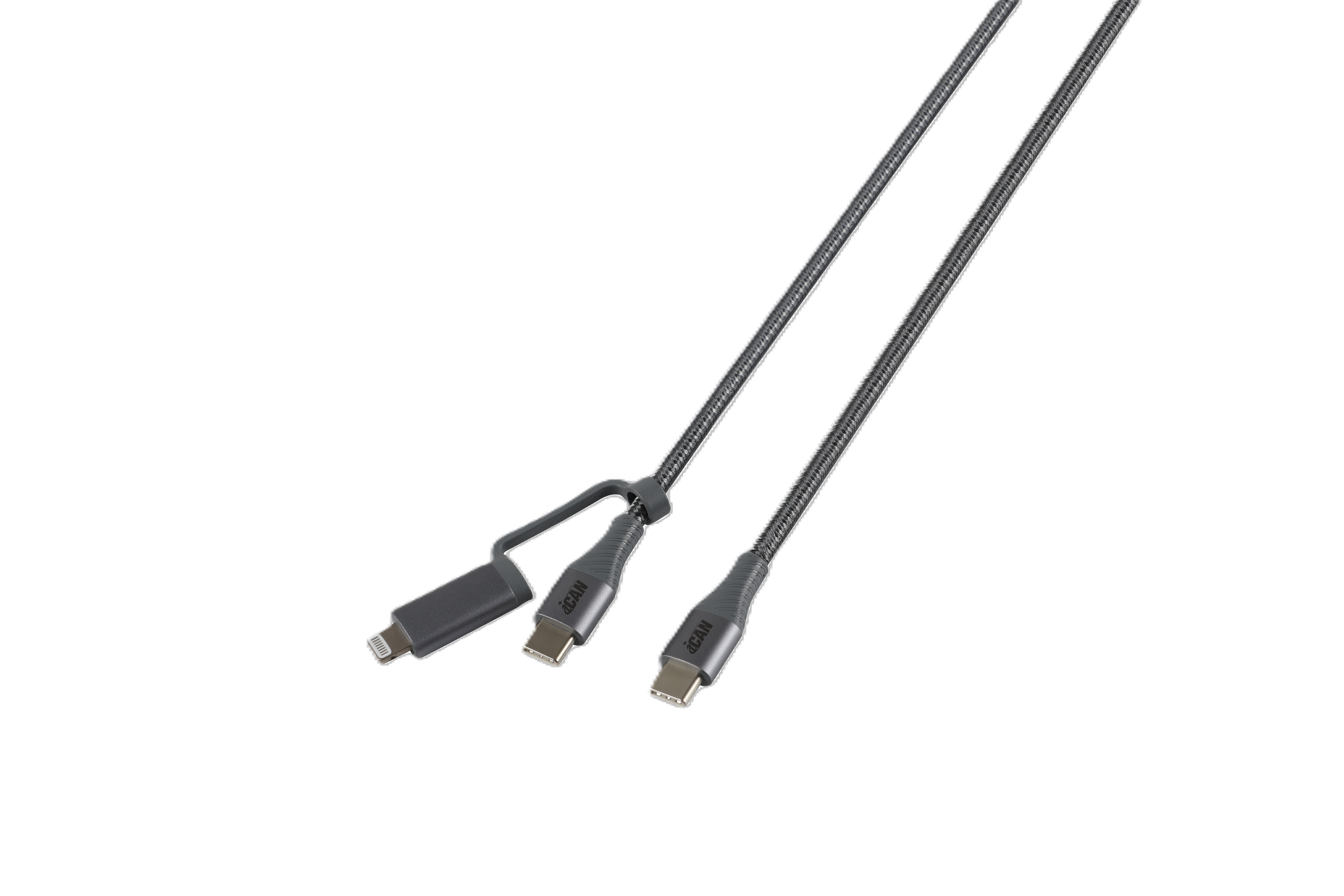Câble iCAN MFi Type-C Mâle vers Type-C Mâle + Lightning Mâle, 6 pieds