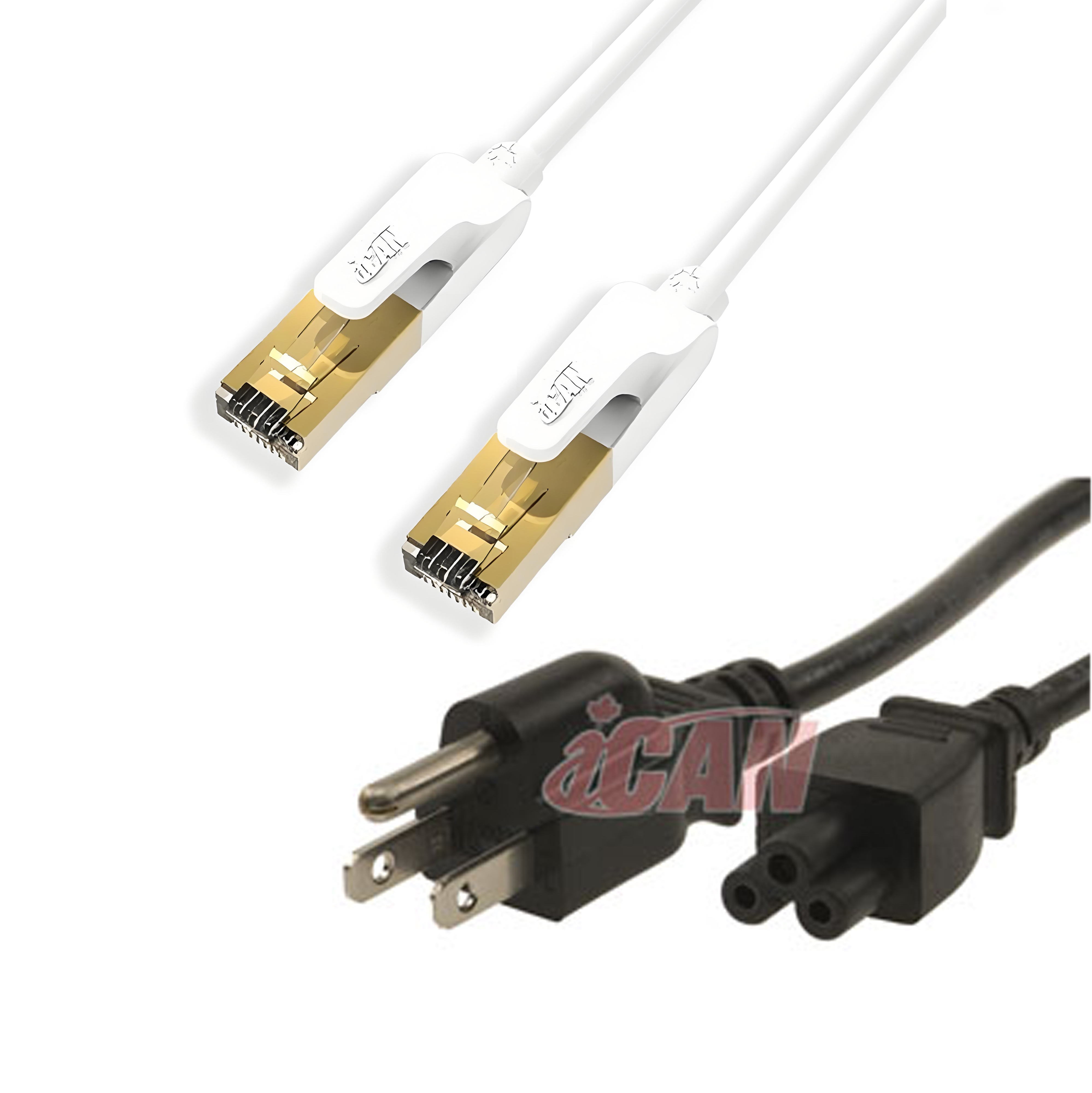 iCAN Premium CAT7 Ethernet Cable 100FT White + Standard Laptop Power Cord NEMA 5-15P to IEC 60320 C5 15FT Black