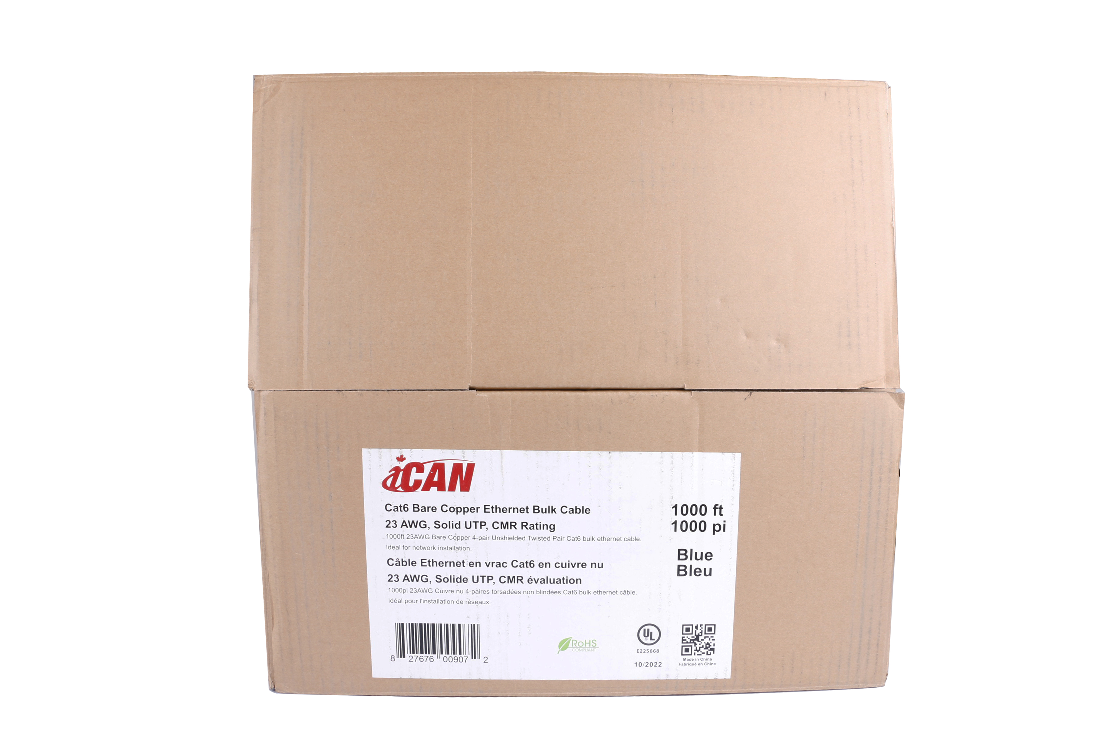 iCAN Cat6 23AWG UTP Solid Bulk Ethernet Cable CMR Rated 1000ft - Blue