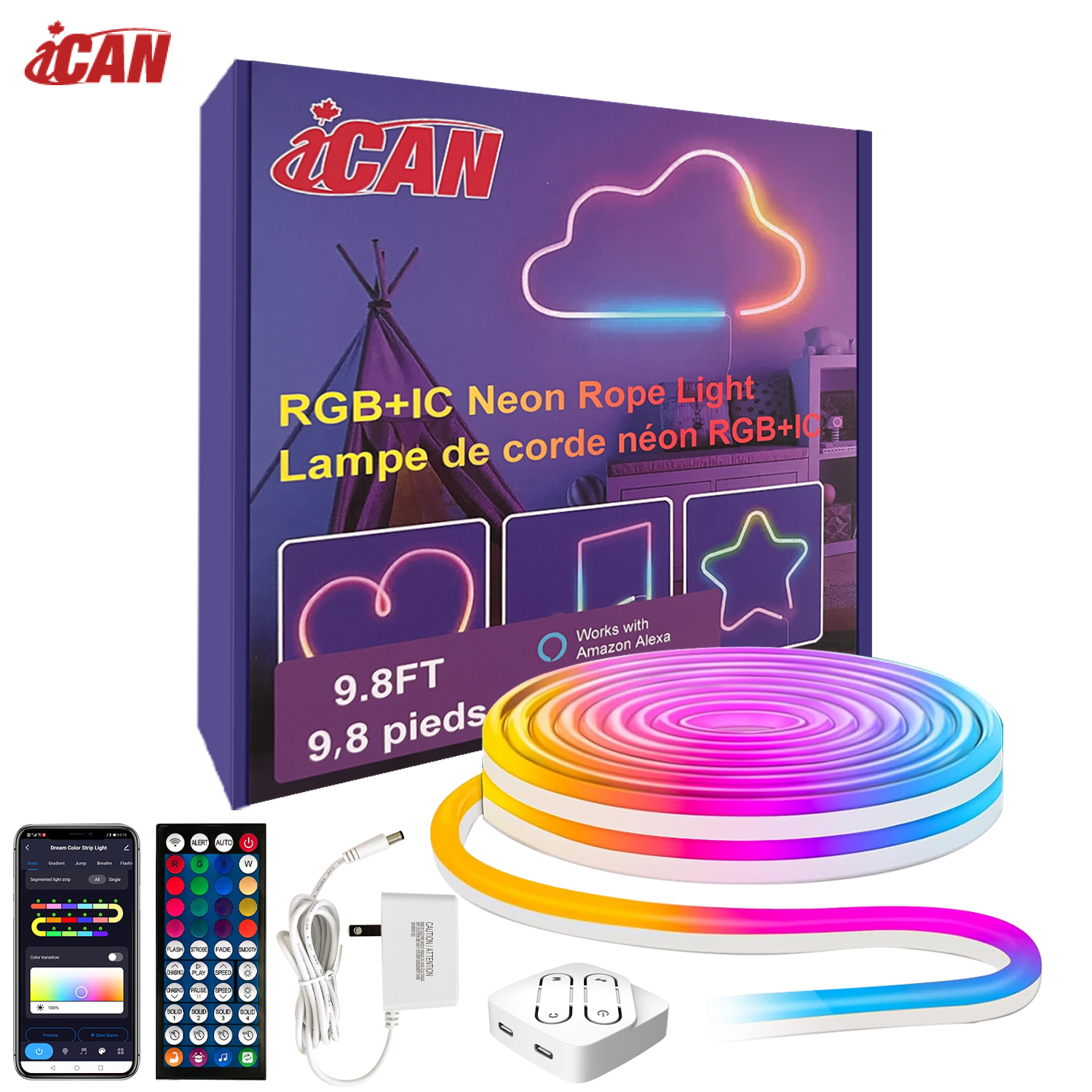 Guirlande lumineuse au néon RGBIC, bandes lumineuses à LED de 3 m, synchronisation musicale, conception DIY