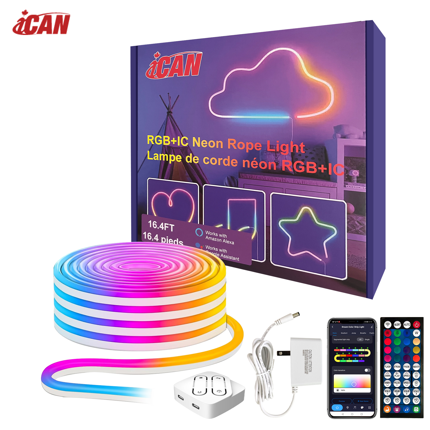 Guirlande lumineuse au néon RGBIC, bandes lumineuses à LED de 16,4 pieds, synchronisation musicale, conception DIY