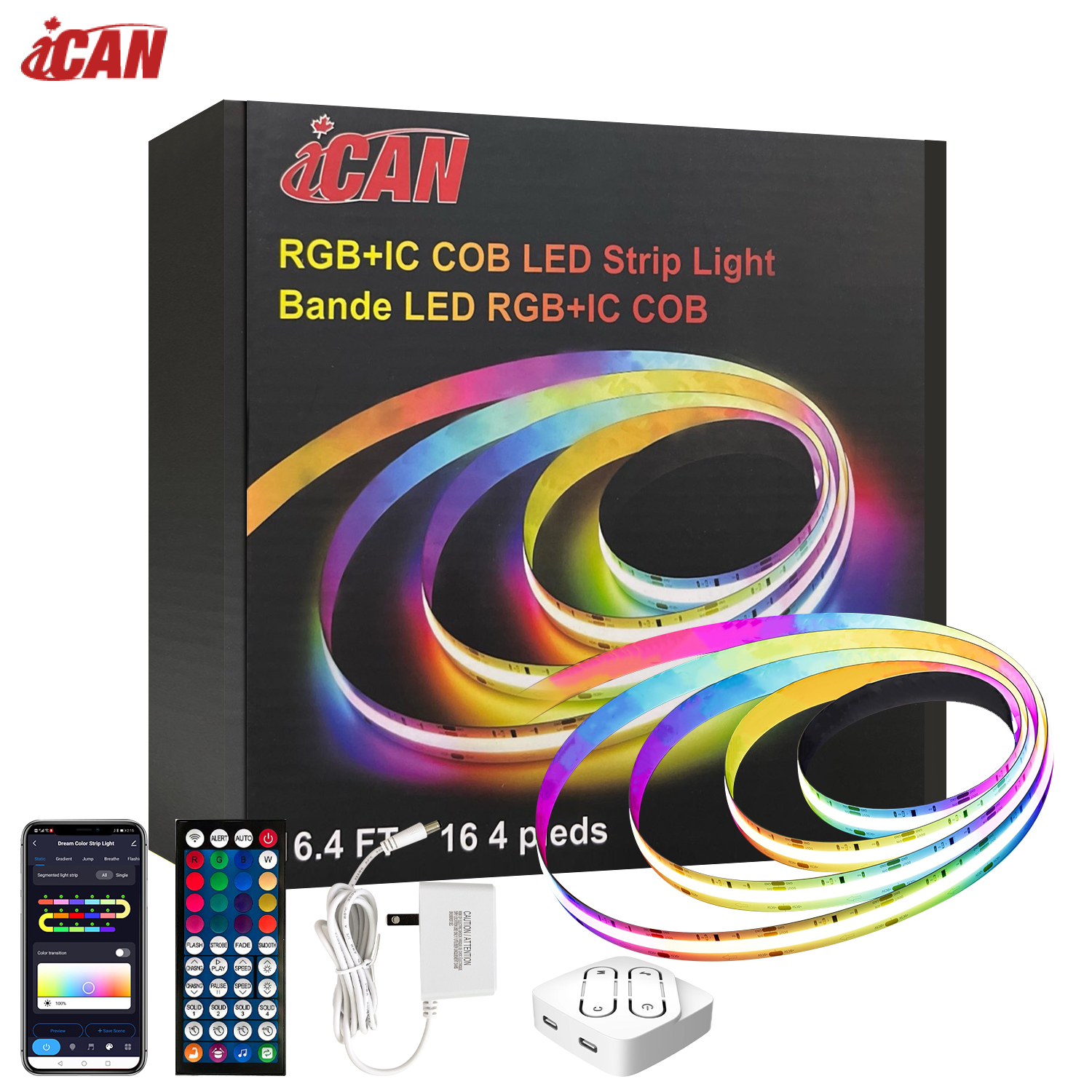 iCAN RGB+IC COB LED 16.4ft Strip Lights, Music Sync, Home Decor.