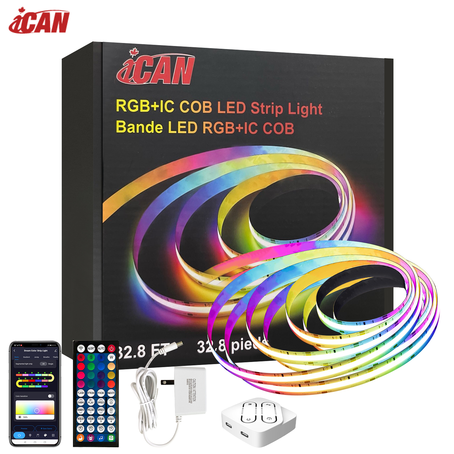iCAN RGB+IC COB LED 32.8ft Strip Lights, Music Sync, Home Decor.(Open Box)