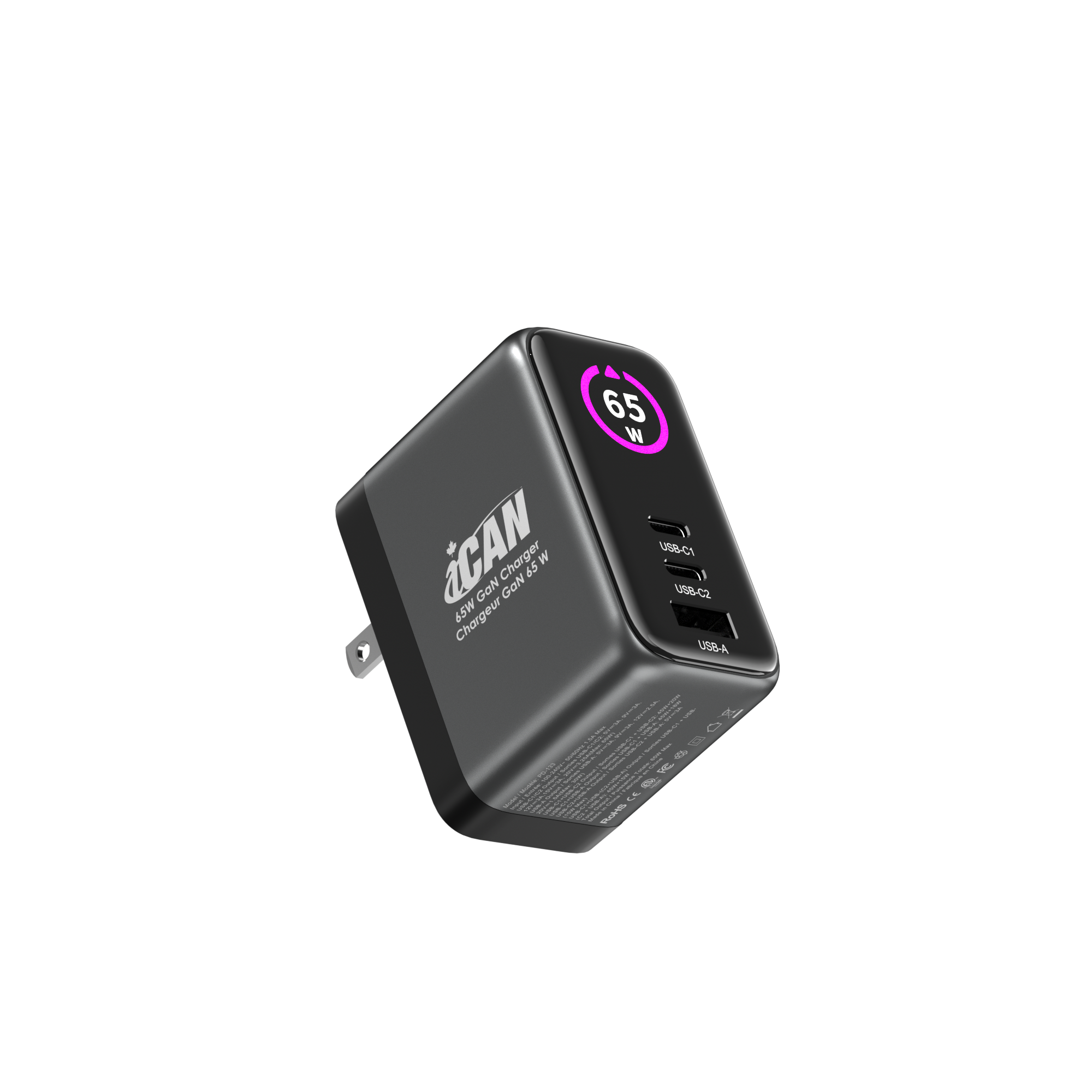 iCAN PD-133 65W 3-Port TFT GaN PD Wall Charger with 3.3ft 100W USB-C C(Open Box)