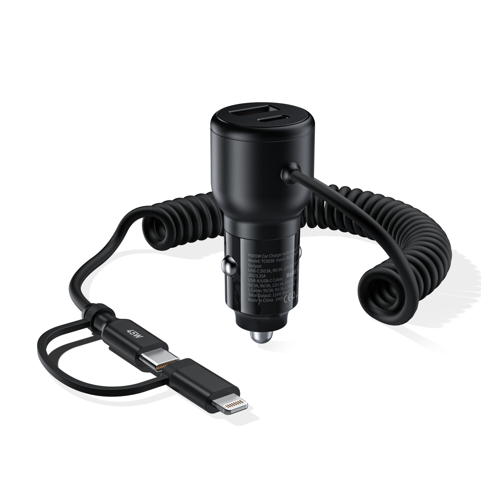 Choetech 110W 2-Port Car Charger with 5ft Type-C Stretchable Cable