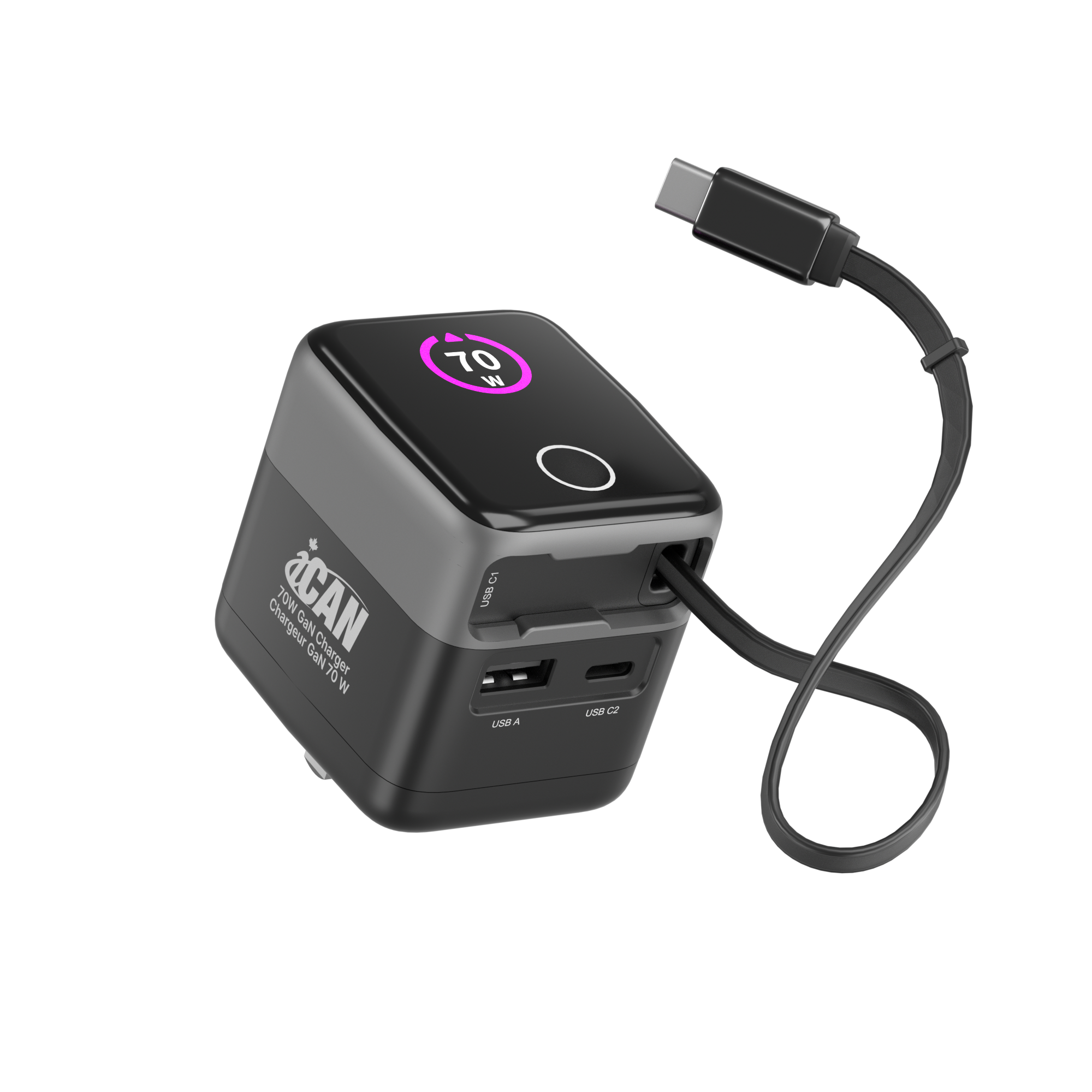 iCAN 70W 2-Port Portable GaN PD Charger with Type-C Retractable Cable