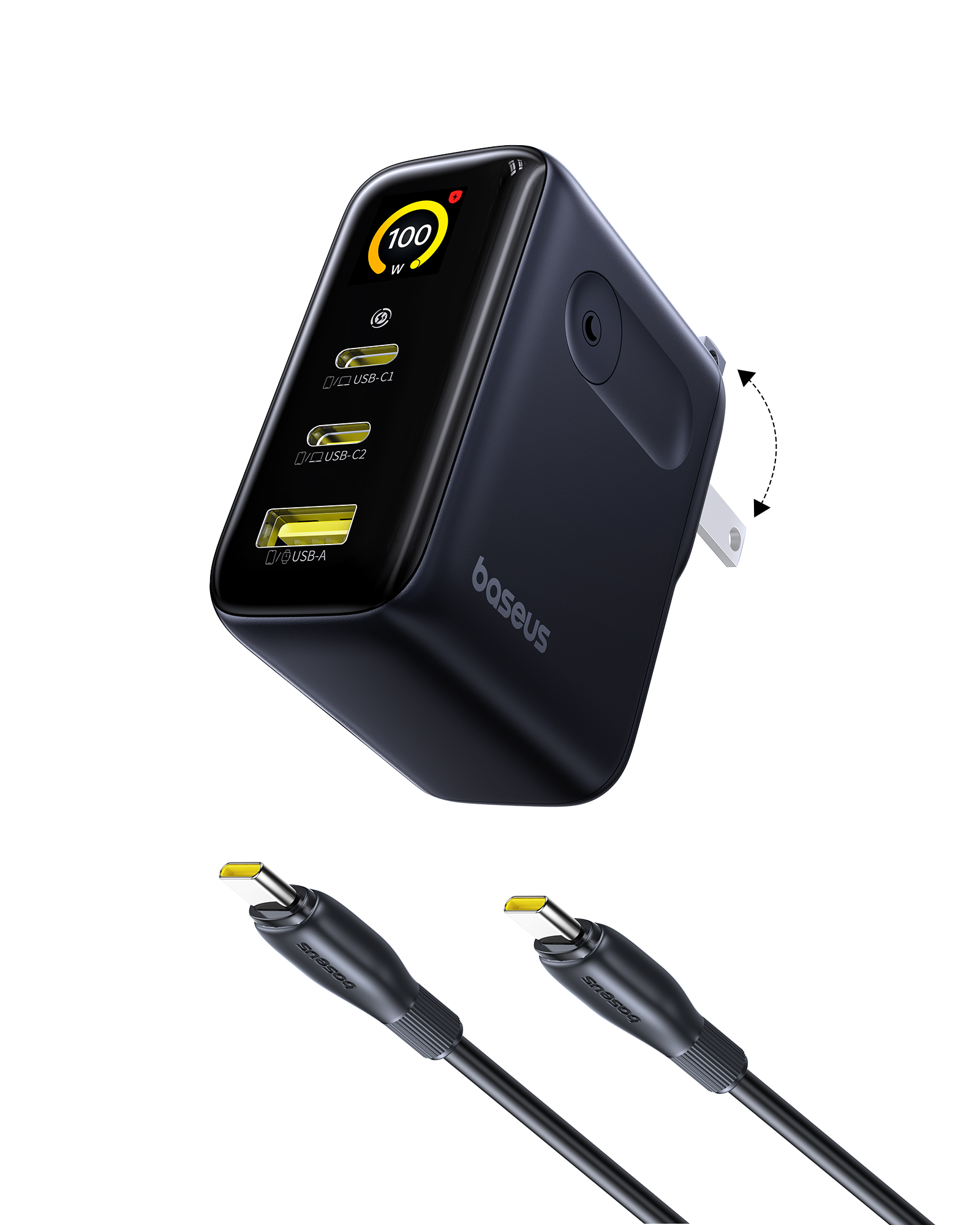 Baseus Chargeur mural GaN à 3 ports de 100 W avec câble C vers C de 10