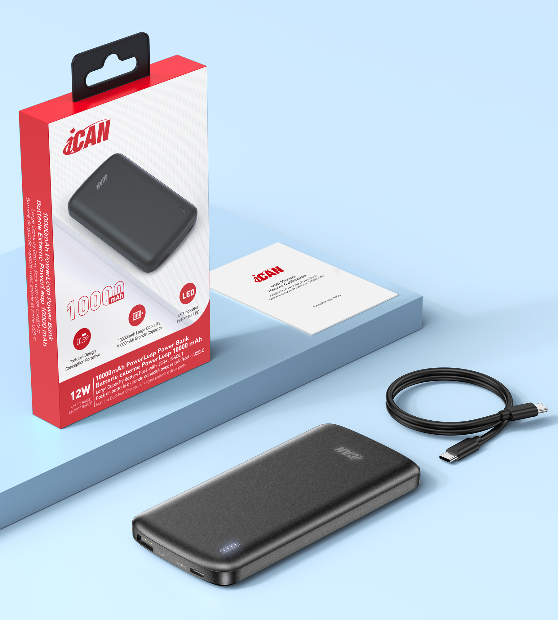 Batterie externe iCAN 10 000 mAh + Kit de nettoyage portable tout-en-un iCAN KCL-1089