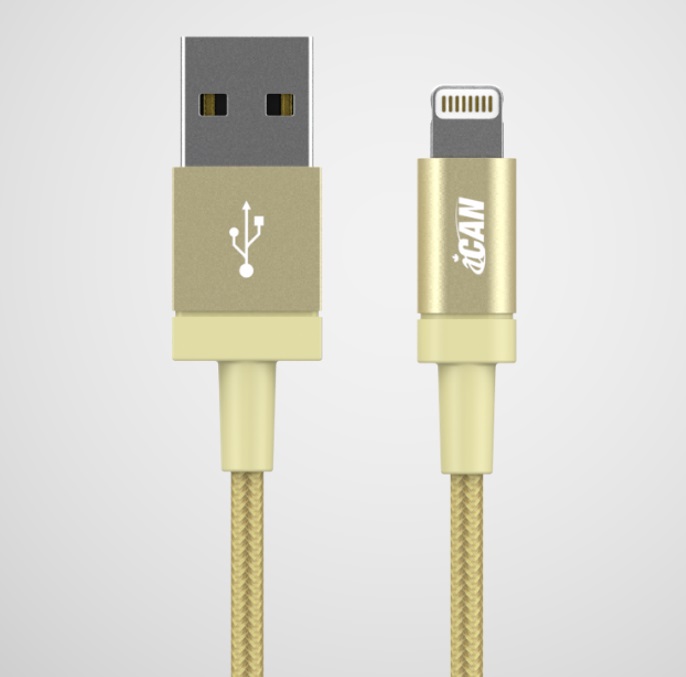 iCAN Premium USB-A 2.0 to Lightning Cable, Braided, M/M, 3ft, Gold