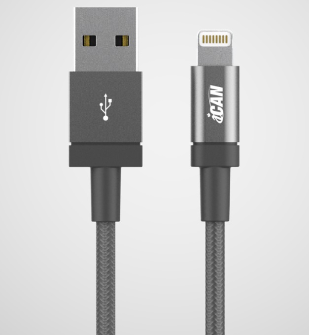 Câble iCAN Premium USB-A 2.0 vers Lightning, certifié MFi, nylon tressé, M/M, 6 pieds, gris (LQCMF008-CS-R)