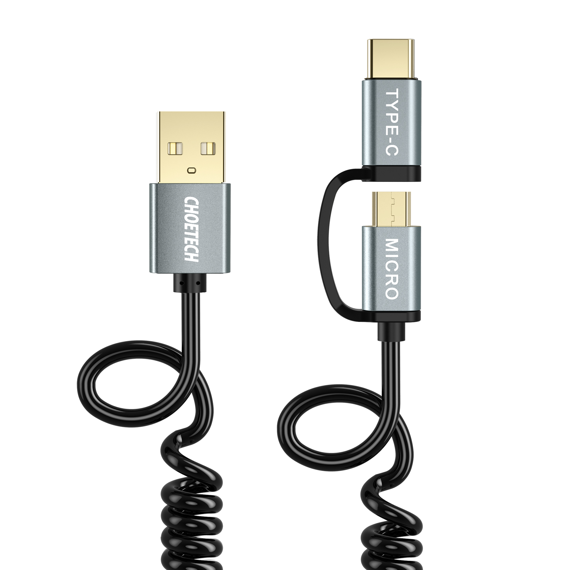 Choetech Type C + Micro USB 2in1 Spring Cable, Gold Plated, 1.2M Black