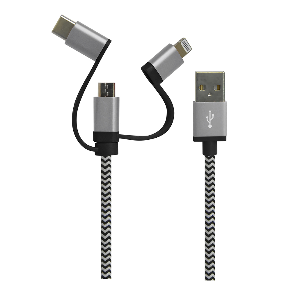 iCAN USB 3 in 1 Cable, Apple MFi, M/M, 1.5M, Black & White, Braided(Open Box)