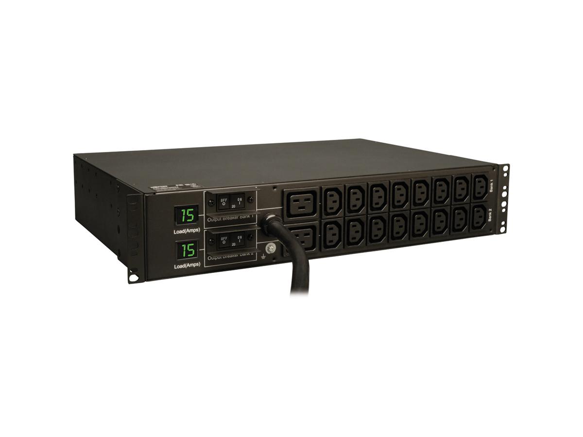 Tripp Lite 5.8kW Single-Phase Metered 2U Rackmount PDU, 208/240V Outlets (16x C13 & 2x C19), L6-30P, 12ft Cord, TAA (PDUMH30HV)