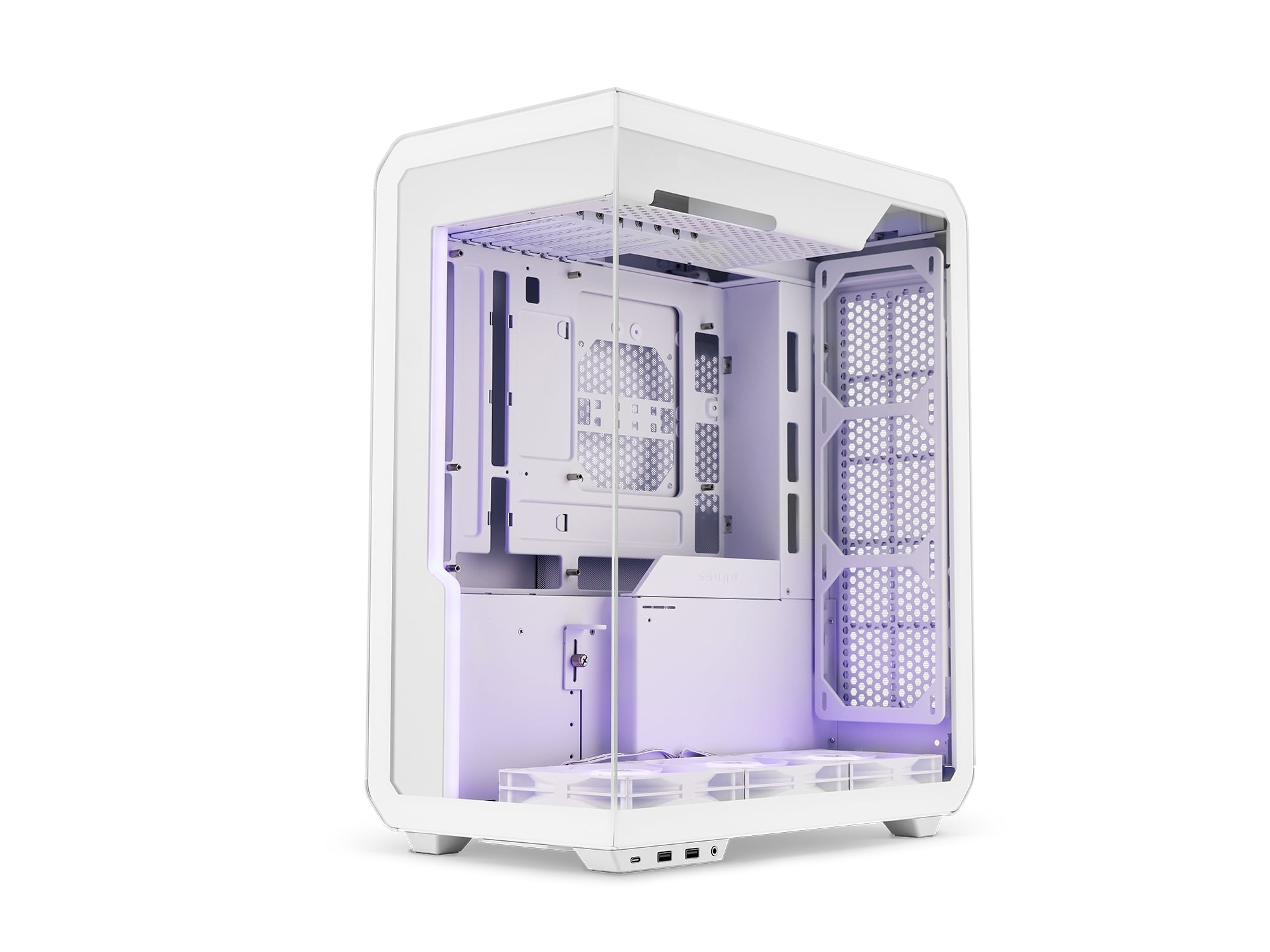 SSUPD Xhuttle White ATX Mid Tower Gaming Case, Dual Chamber, Tempered Glass/Steel , 3 x 120mm ARGB Reverse Fan, RGB Strip, Vert