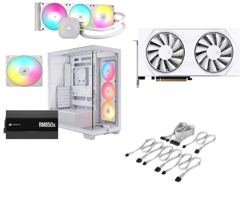 CORSAIR 3500X RS-R ARGB, RM850x PSU, NAUTILUS 360 ARGB AIO + XFX Swift AMD Radeon RX 9060 XT OC GPU, Blanc
