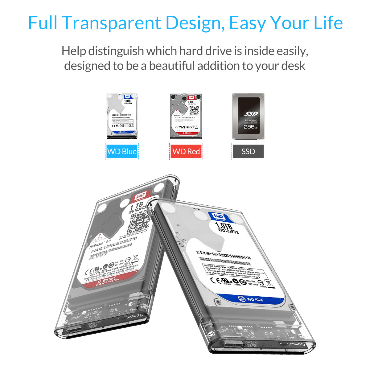 ORICO Transparent 2.5/" USB 3.0 External Hard Drive Enclosure Case SATA HDD