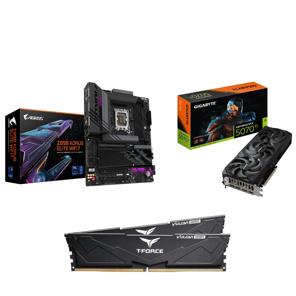 GIGABYTE GeForce RTX 5070 Ti WINDFORCE OC SFF 16G GPU + GIGABYTE Z890 AORUS ELITE WIFI7 Motherboard + T-Force 32GB D5 6000MHz C