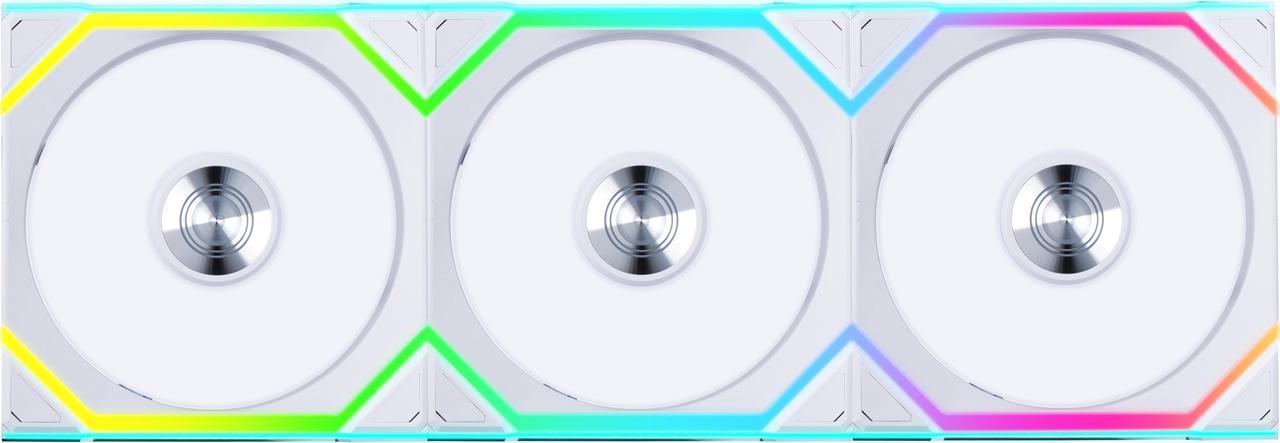 Lian Li UNI FAN SL 120 Ventilateur à pales inversées sans fil RVB 120 mm, paquet de 3 avec contrôleur de ventilateur, Blanc