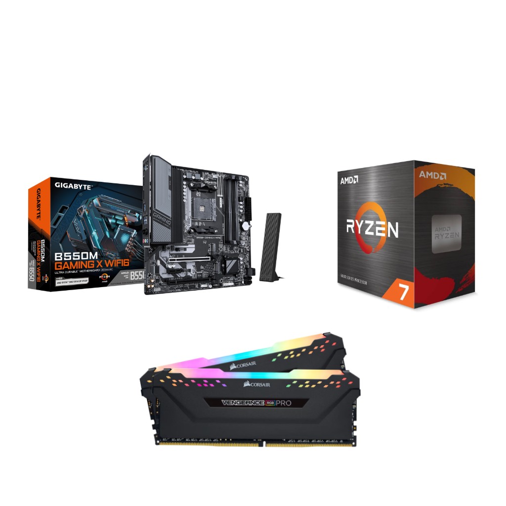 AMD Ryzen 7 5700X CPU + GIGABYTE B550M GAMING X WIFI6 Motherboard + CORSAIR VENGEANCE RGB 32GB DDR4 RAM