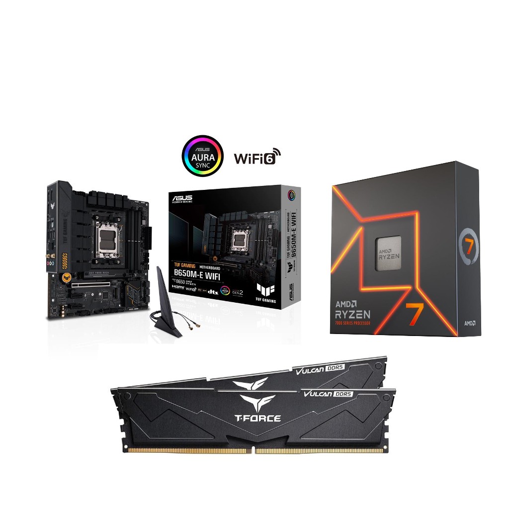 AMD R7 7700X CPU +  ASUS TUF GAMING B650M-E WIFI Motherboard + T-Force 32GB D5 6000MHz CL30 RAM BundleSpecial