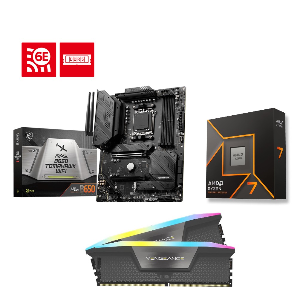AMD R7 9700X CPU +  MSI MAG B650 TOMAHAWK WIFI Motherboard + CORSAIR RGB 32GB D5 6000MHz Black RAM BundleSpecial