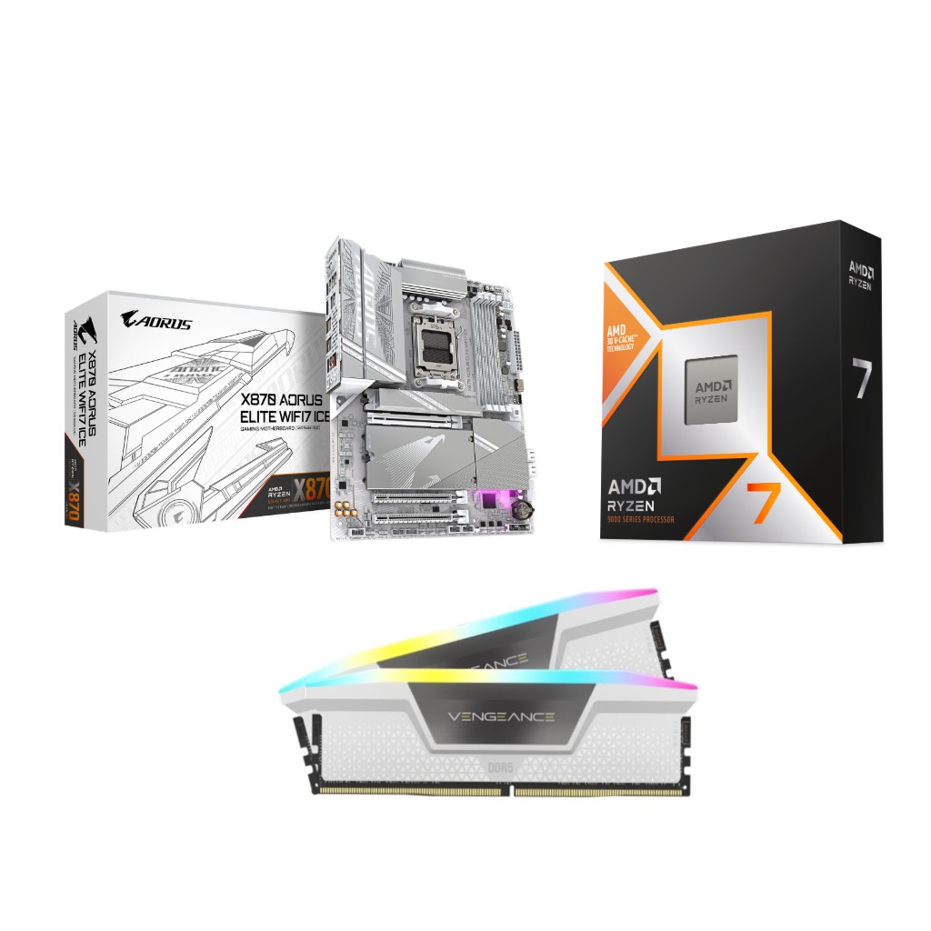 AMD R7 9800X3D CPU +  GIGABYTE X870 AORUS ELITE WIFI7 ICE Motherboard + CORSAIR RGB 32GB D5 6000MHz White RAM