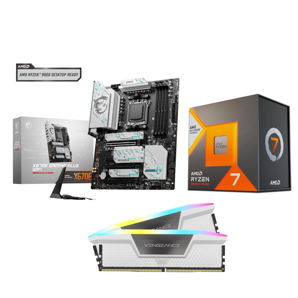 AMD R7 7800X3D CPU +  MSI X670E GAMING PLUS WIFI Motherboard + CORSAIR RGB 32GB D5 6000MHz White RAM