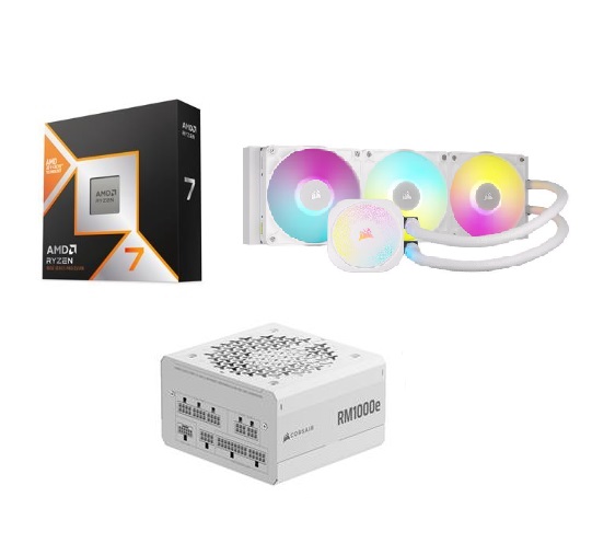 AMD Ryzen 7 9800X3D CPU + CORSAIR iCUE LINK TITAN 360 RX RGB White Liquid CPU Cooler + CORSAIR RM1000e White Power Supply