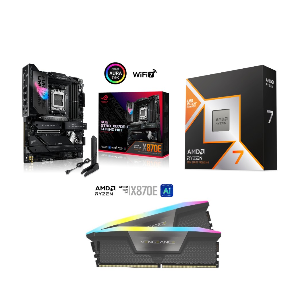 AMD Ryzen 7 9800X3D CPU + ASUS ROG STRIX X870E-E GAMING WIFI Carte mère+ CORSAIR RGB 32GB D5 6000MHz RAM