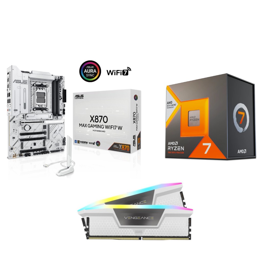 AMD R7 7800X3D CPU +  ASUS X870 MAX GAMING WIFI7 W Motherboard + CORSAIR RGB 32GB D5 6000MHz White RAM